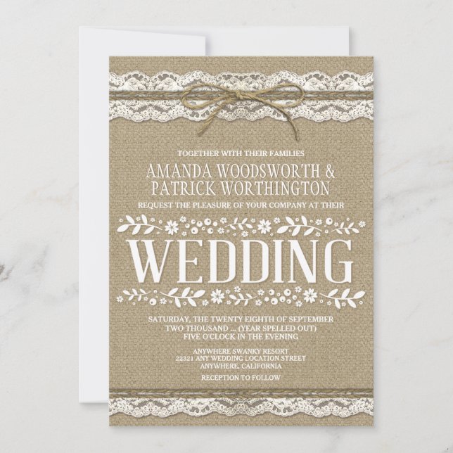 Country Twine Burlap and Lace Wedding Invitations (Front)