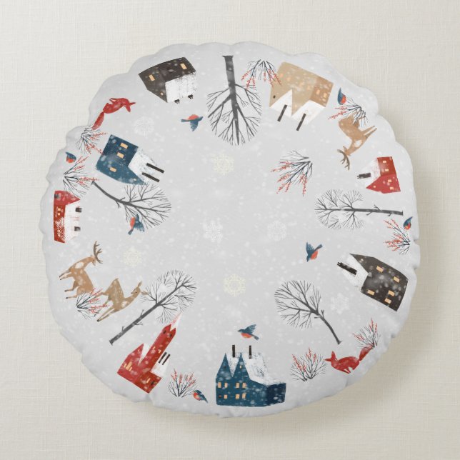 Country Village & Wildlife Double Sided  Round Pillow (Front)