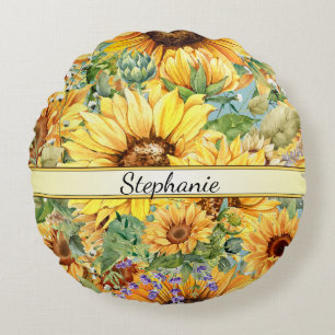 Country Vintage Style Watercolor Sunflowers Round Pillow