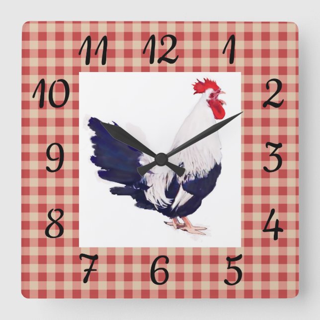 Country Wall Clock with Red Checks and Rooster (Front)