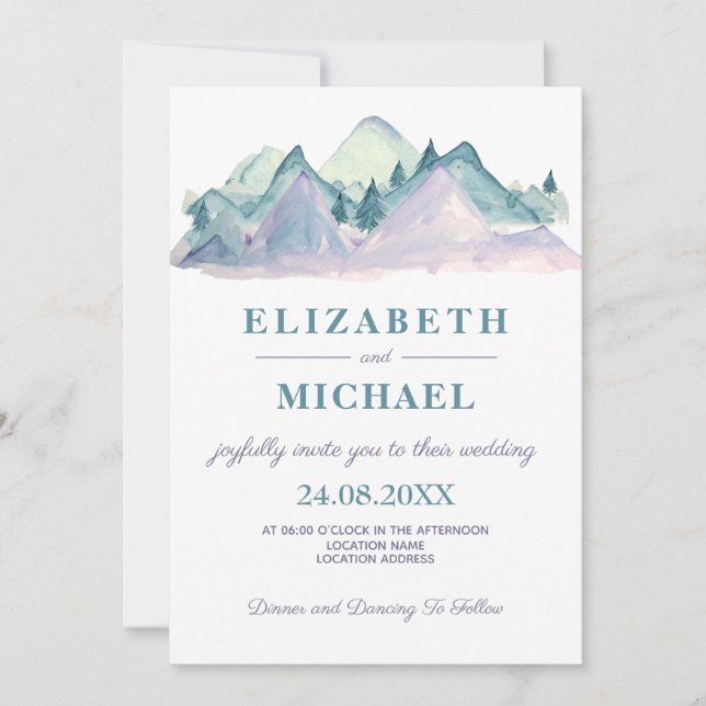 Country Watercolor Blue Mountain Photo Wedding Invitation (Front)