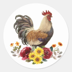 Country Watercolor Chicken Rooster Floral Bouquet Classic Round Sticker