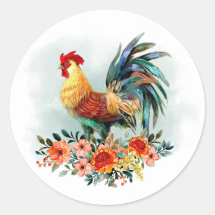 Country Watercolor Chicken Rooster Floral Bouquet Classic Round Sticker