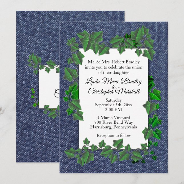 Country Wedding Denim Vines Invitation 5" x 7" (Front/Back)