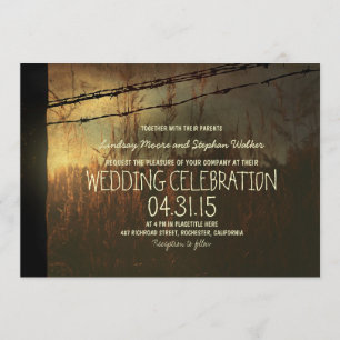 country wedding invitation with rural fence