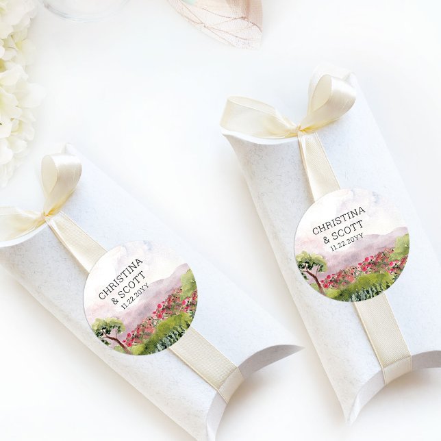 Country Wedding Pink Flower Meadow Classic Round Sticker (Favor stickers from the Country Meadow wedding collection by Darling & May)