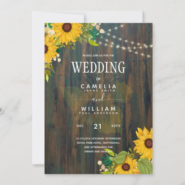 Country Wedding Rustic Wood Sunflowers Lights Inv Invitation (Front)