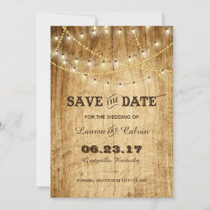 Country wedding Save the Date with lights on wood