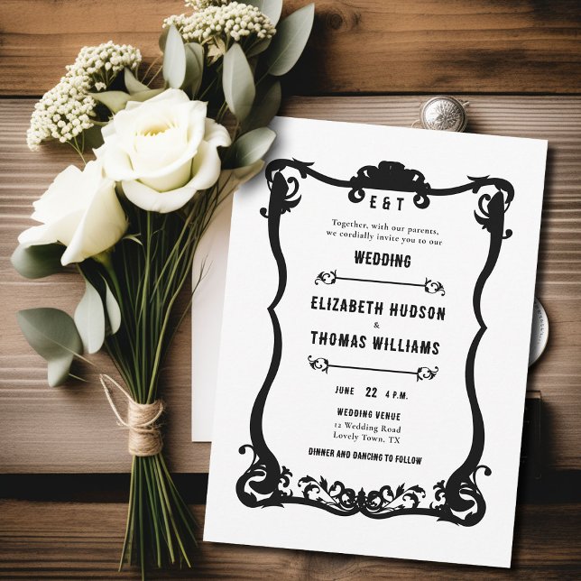 Country Western Black White Frame Formal Wedding Invitation (country western black and white wedding invitation vintage frame formal elegant modern ranch barn)