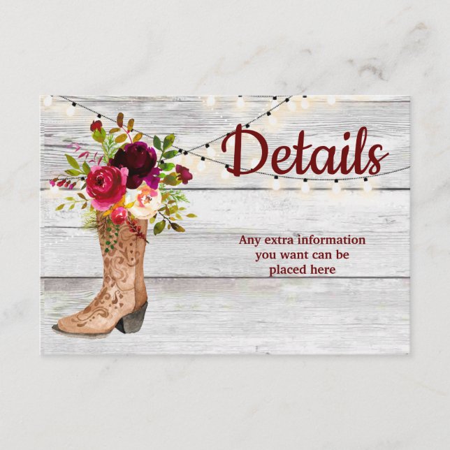 Country Western Boot Boho Rustic Marsala Details Enclosure Card (Front)