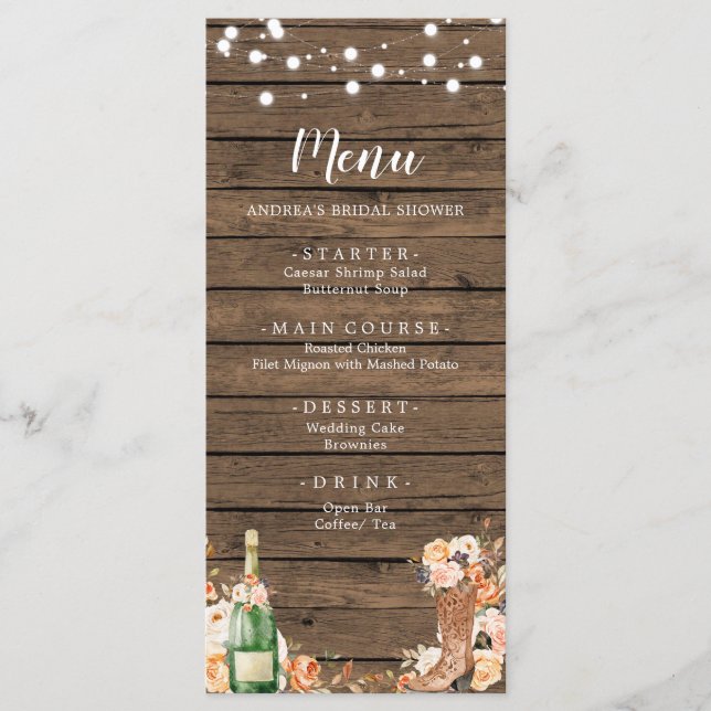 Country Western Boots and Bubbly Bridal Shower Menu (Front)