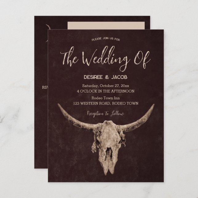 Country Western Brown Rustic Bull Skull Invitation Postcard (Front/Back)