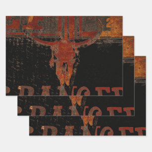 Country Western Bull Skull Rust Script Vintage Wrapping Paper Sheet
