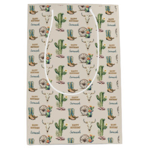 Country Western Cactus Boots Name Happy Birthday Medium Gift Bag