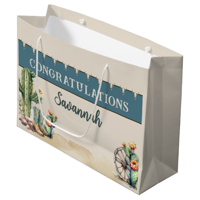 Country Western Cactus Boots Personalized Large Gift Bag (Front Angled)