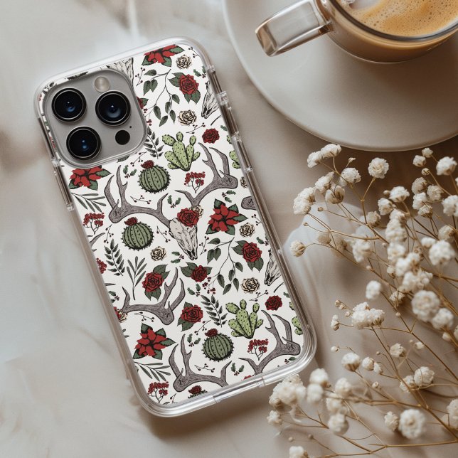 Country Western Christmas Floral Deer Head Skull Case-Mate iPhone Case (Chic Country Western Xmas Reindeer Head Skull, Red Roses, Poinsettias, Cacti, Festive Holly Berries.)