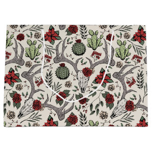 Country Western Christmas Floral Reindeer Skull Large Gift Bag
