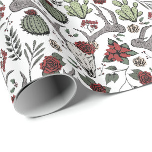 Country Western Christmas Floral Reindeer Skull Wrapping Paper