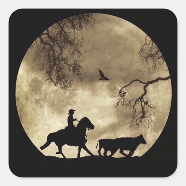 Country Western Cowboy and Horse Moon Square Sticker (Front)