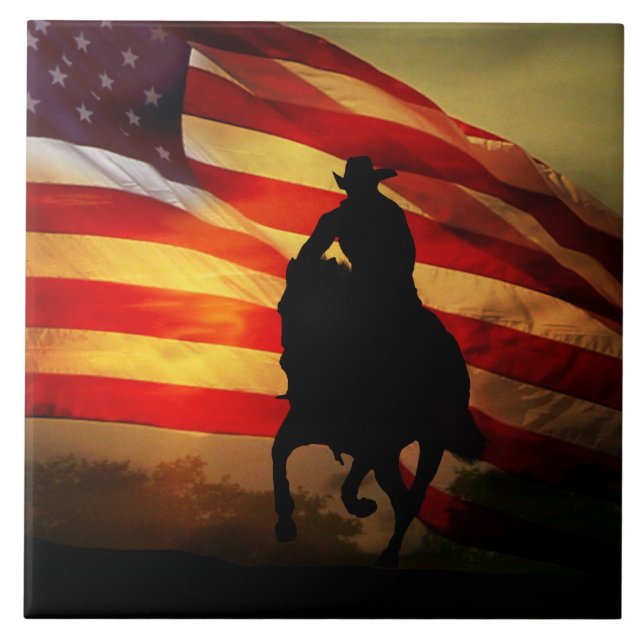 Country Western Cowboy and Horse With Flag Tile (Front)