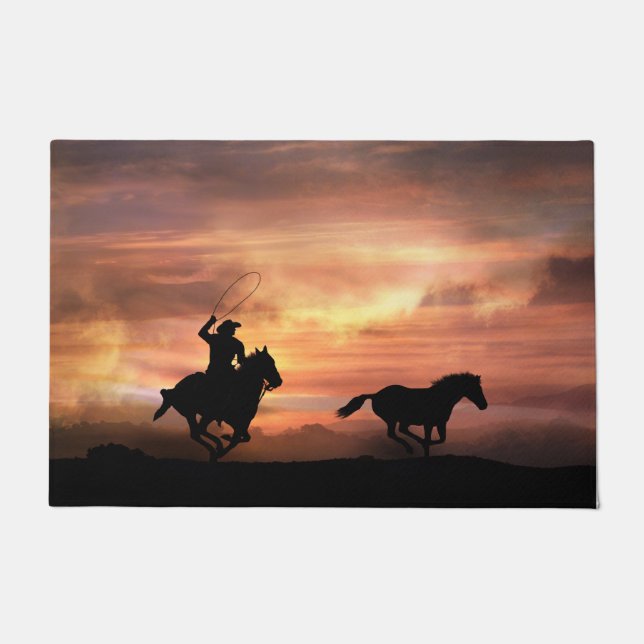 Country Western Cowboy and Horses Doormat (Front)