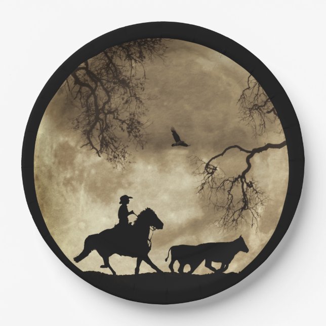 Country Western Cowboy and Moon Paper Plate (Front)