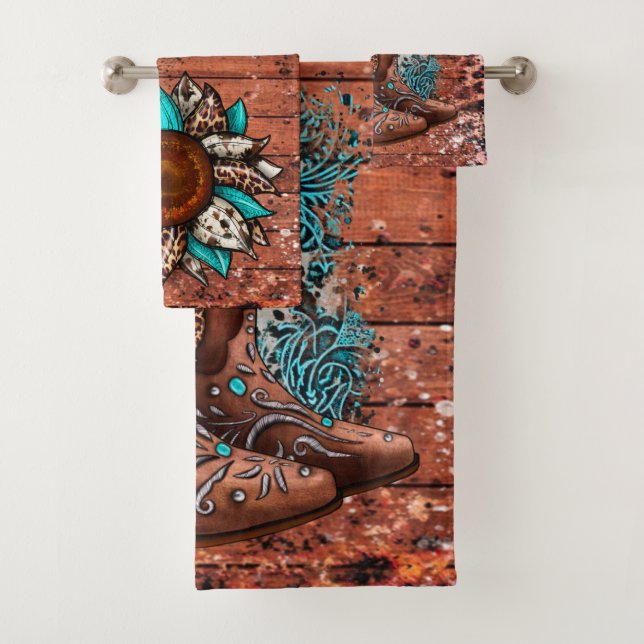 Country Western Cowboy Boots and Flower Bath Towel Set (Insitu)