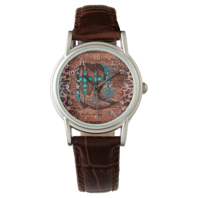 Country Western Cowboy Boots Leopard Print Teal Watch (Front)