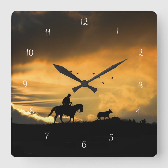 Country Western Cowboy Horse and Steer Sunrise Square Wall Clock (Front)