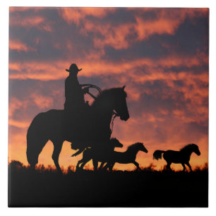 Country Western Cowboy Roundup Herd of Horses Tile