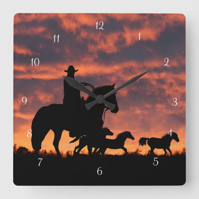 Country Western Cowboy Wild Horses Square Wall Clock (Front)