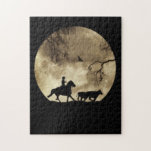 Country Western Cowboy with Full Moon and Cattle Jigsaw Puzzle (Vertical)