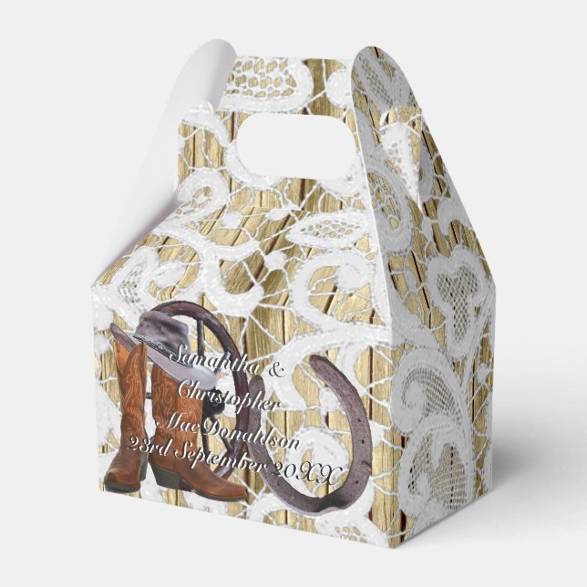 Country western  filigree lace damask wedding favor box (Front Side)