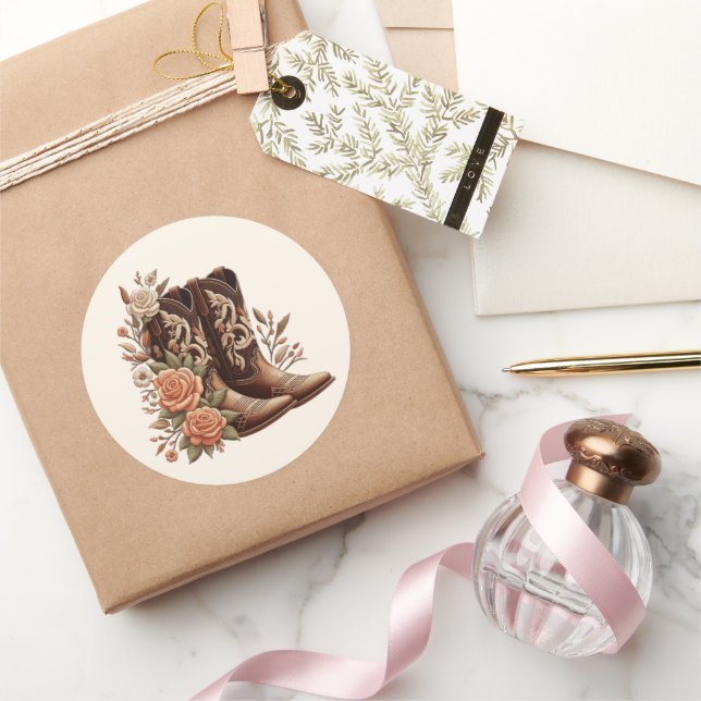 Country Western Flowers with Cowboy Boots- Classic Round Sticker (Gifting)