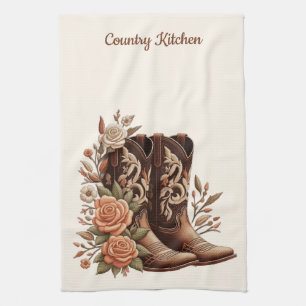 Country Western Flowers with Cowboy Boots Kitchen Towel