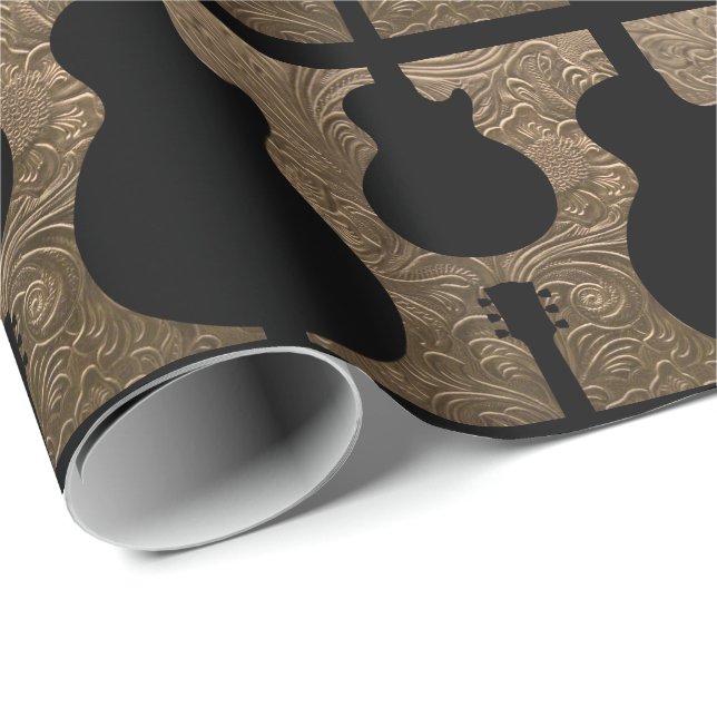 Country Western Guitar Cowboy Faux Tooled Leather Wrapping Paper (Roll Corner)