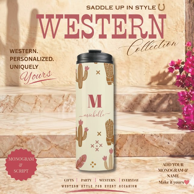 Country Western Hand-Drawn Pattern Monogram Script Thermal Tumbler (Country Western Pattern Boots Horse Shoes Cactus and Feathers Monogram Script Thermal Tumbler)