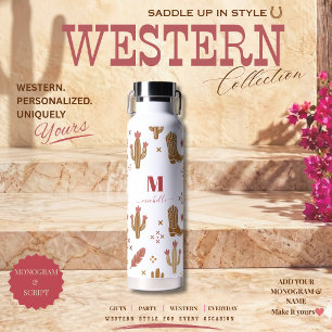 Country Western Hand-Drawn Pattern Monogram Script Water Bottle