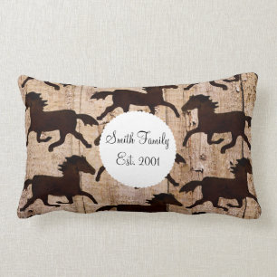 Country Western Horses on Barn Wood Cowboy Gifts Lumbar Pillow
