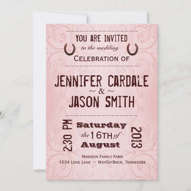 Country Western Horseshoe Pink Wedding Invitations (Front)