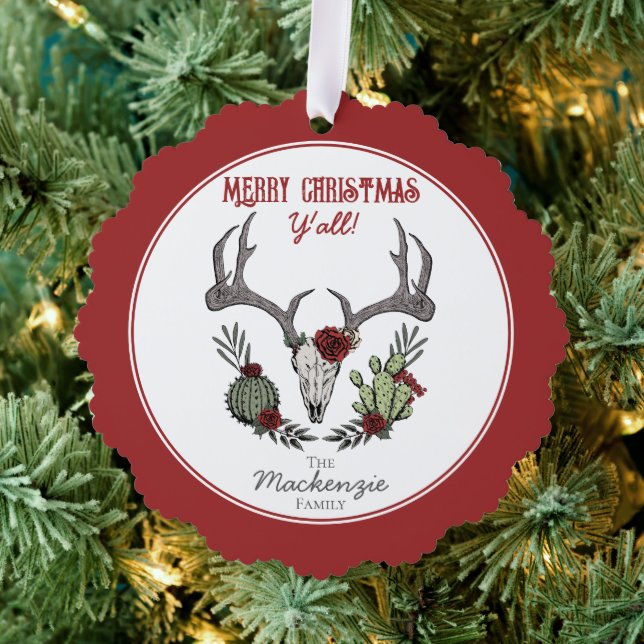 Country Western Merry Christmas Y'All Holiday Ornament Card (Insitu (Tree))