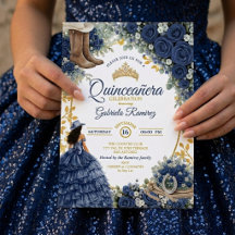 Country Western Navy Blue Roses Golden Quinceañera