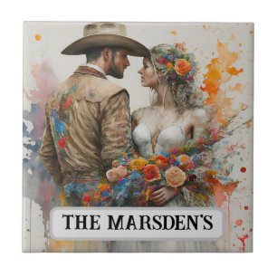 Country Western Newlyweds Watercolor Tile