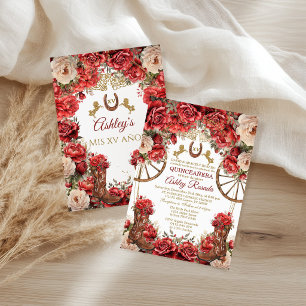 Country Western Quinceanera Red Roses Invitation