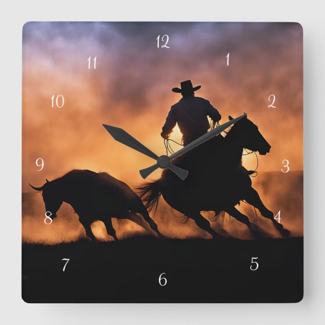 Country Western Roping Cowboy and Horse Square Wall Clock (Front)