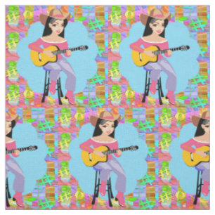 Country Western Singing Cowgirl With Guitar Fabric