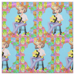 Country Western Singing Cowgirl With Yellow Guitar Fabric