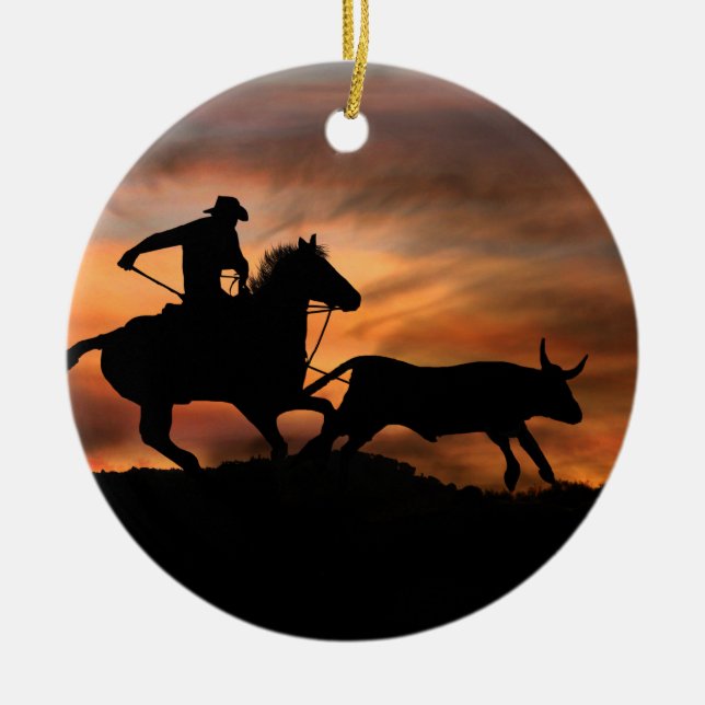Country Western Steer Roping Cowboy Ceramic Ornament (Front)