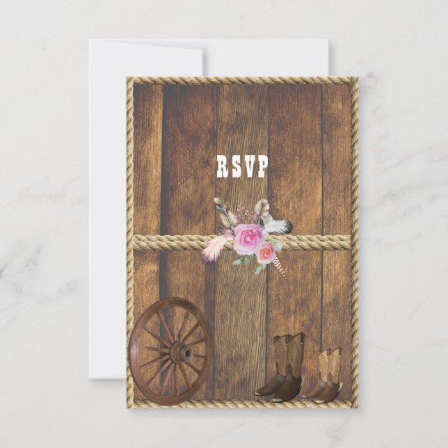 Country Western Wedding Pink Roses Feathers Rope RSVP Card (Front)