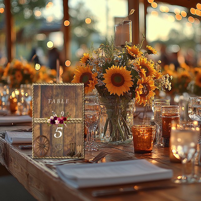 Country Western Wedding Red Pink Roses Wagon Wheel Table Number (Creator Uploaded)